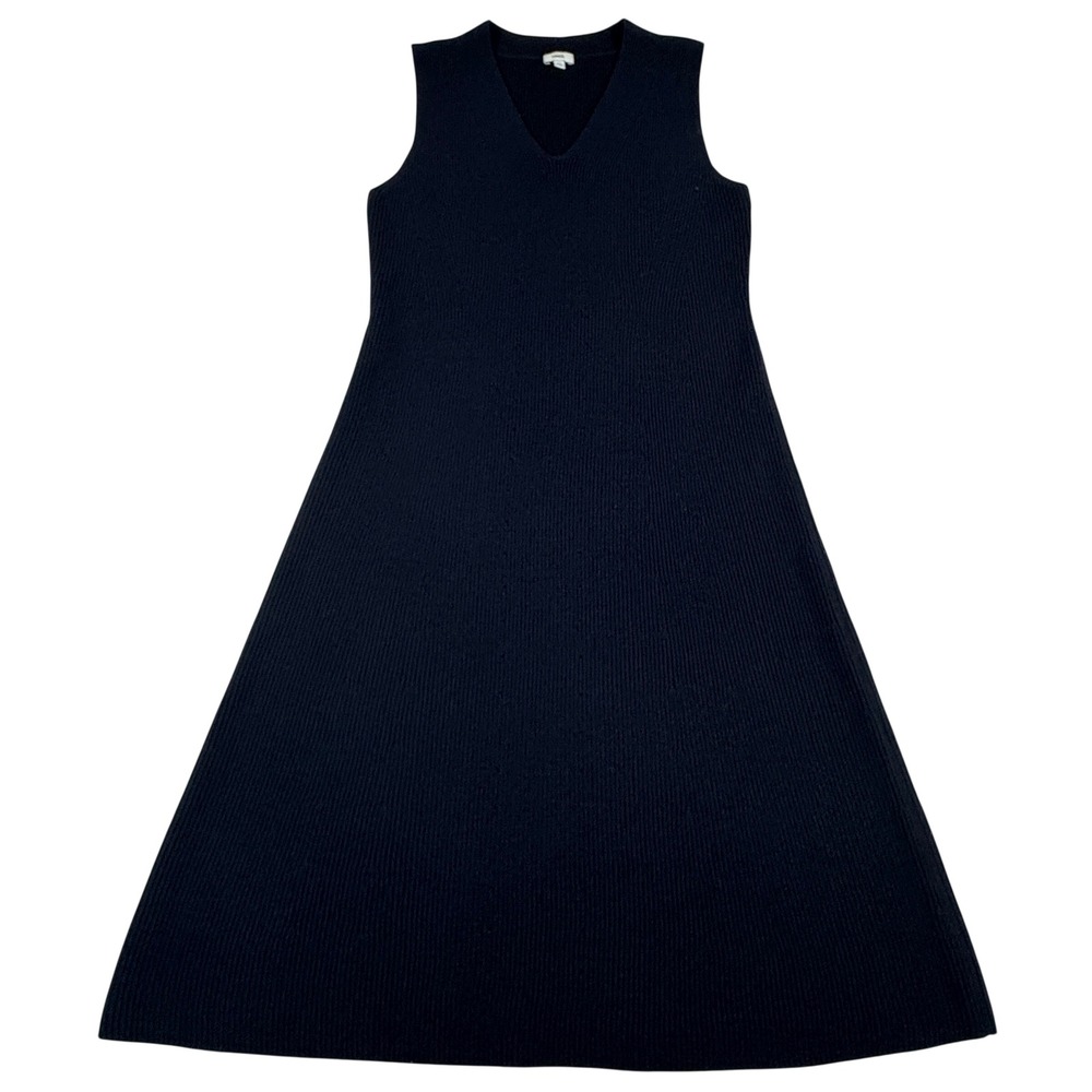 Vince Ribbed Wool Blend V-Neck Sleeveless A-Line Black Midi Dress Women's L